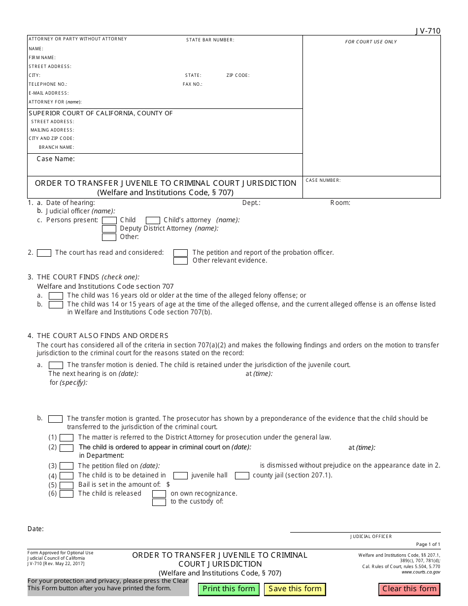 Form JV-710 Order to Transfer Juvenile to Criminal Court Jurisdiction - California, Page 1