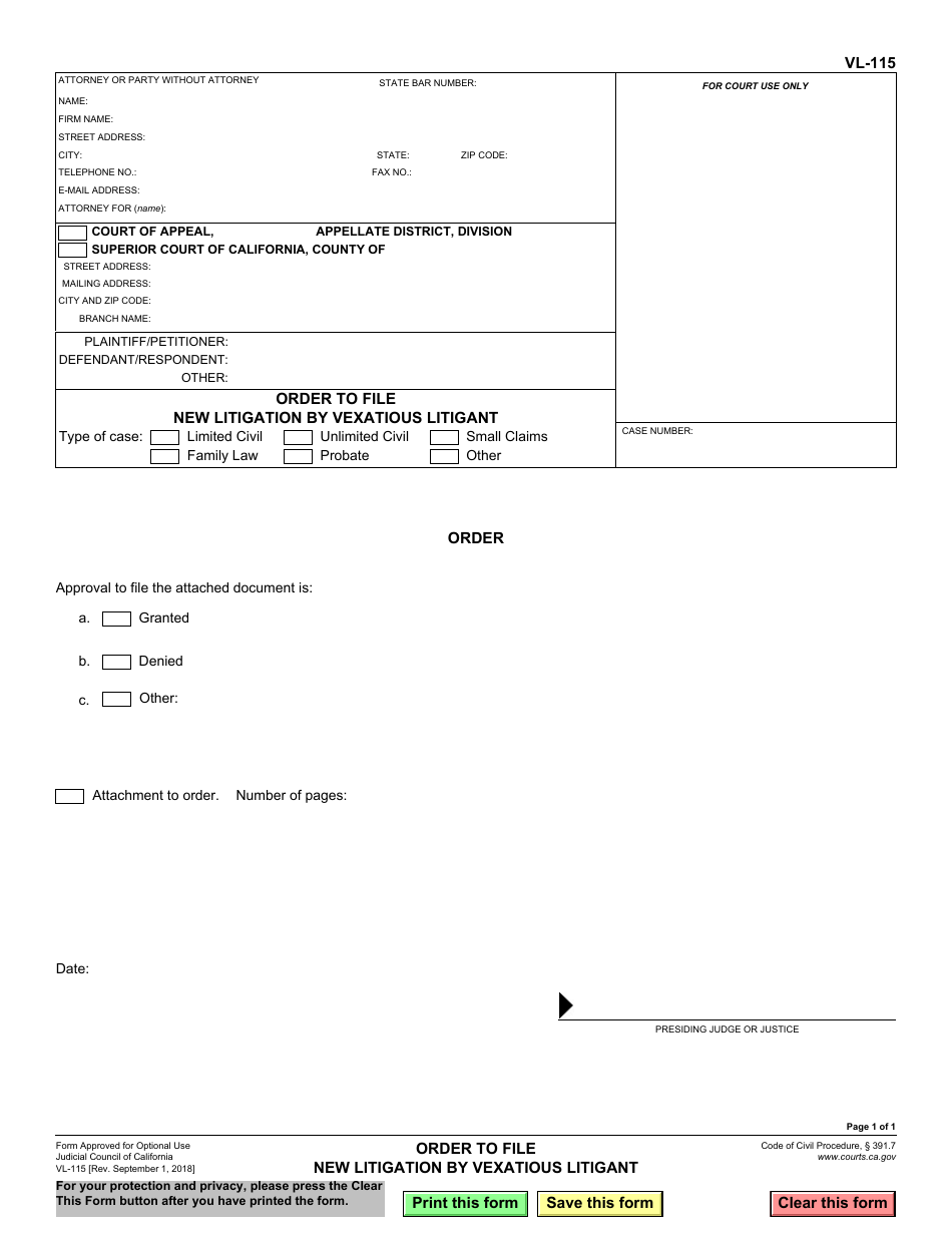 Form VL-115 Order to File New Litigation by Vexatious Litigant - California, Page 1