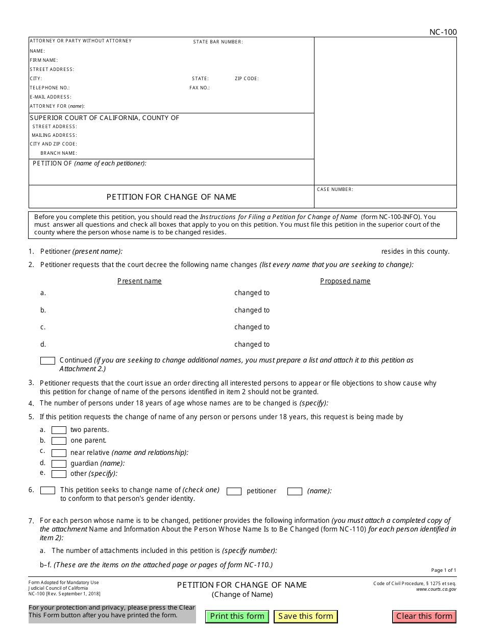 Form Nc 100 Download Fillable Pdf Or Fill Online Petition For Change Of Name California Templateroller