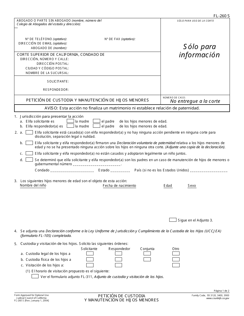 Formulario FL-260 S Peticion De Custodia Y Manutencion De Hijos Menores - California (Spanish), Page 1
