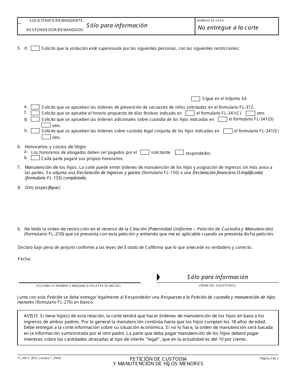 Formulario FL-260 S Peticion De Custodia Y Manutencion De Hijos Menores - California (Spanish), Page 2