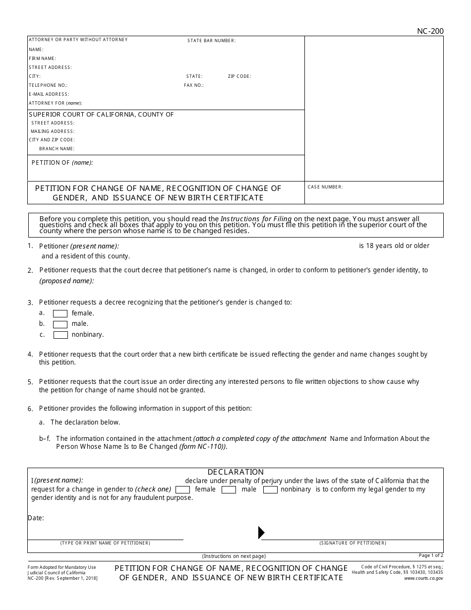 Form NC-200 Petition for Change of Name, Recognition of Change of Gender, and Issuance of New Birth Certificate - California, Page 1