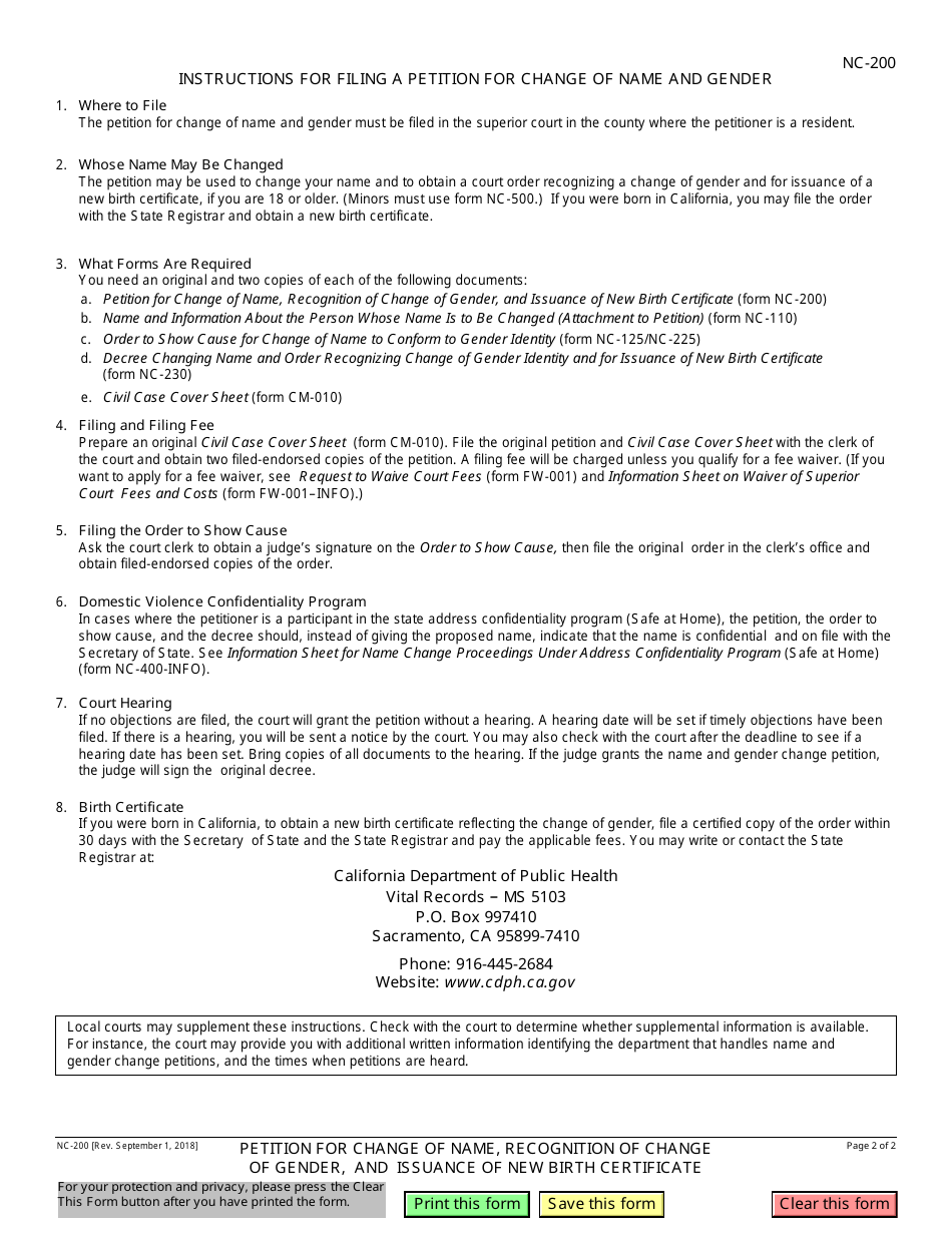 Form NC-200 Petition for Change of Name, Recognition of Change of Gender, and Issuance of New Birth Certificate - California, Page 2