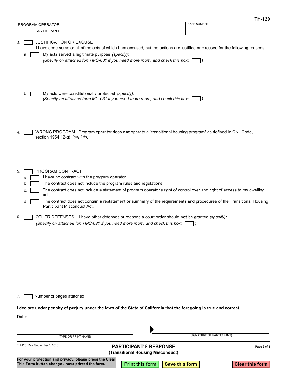 Form TH-120 Participants Response to Petition for Order Prohibiting Abuse or Program Misconduct - California, Page 2