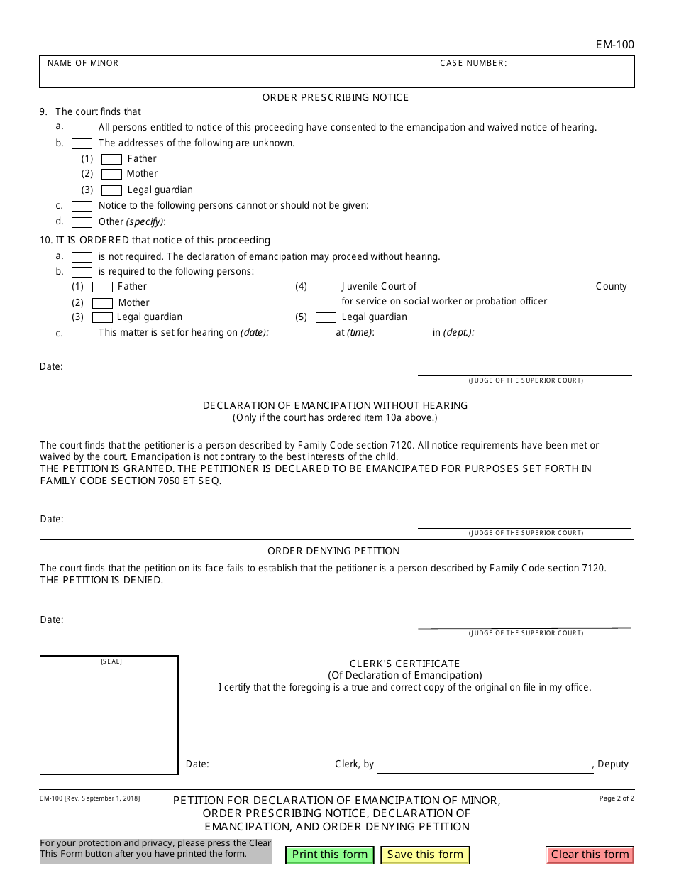Form EM-100 Petition for Declaration of Emancipation of Minor, Order Prescribing Notice, Declaration of Emancipation, and Order Denying Petition - California, Page 2