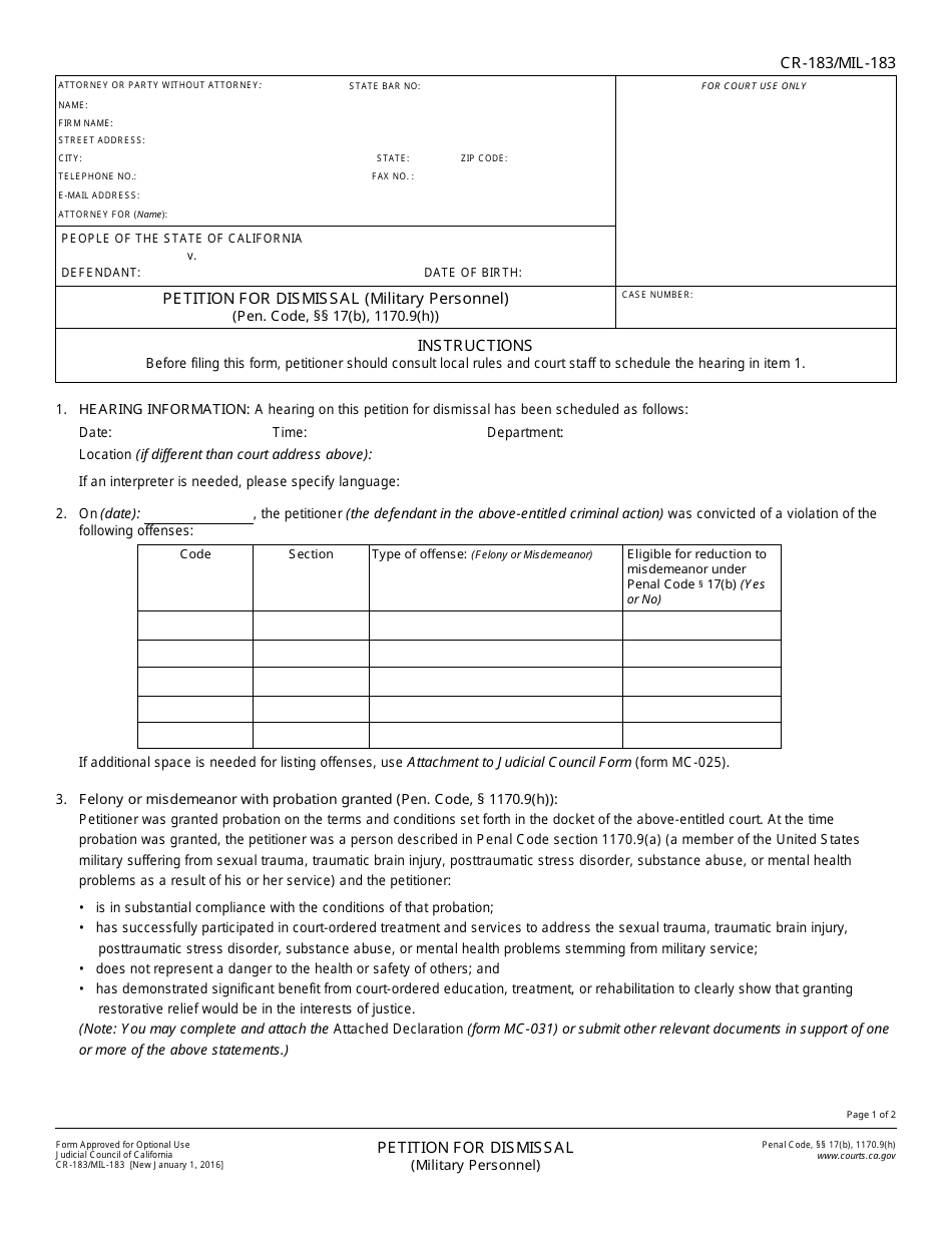 Form CR-183 (MIL-183) Petition for Dismissal (Military Personnel) - California, Page 1