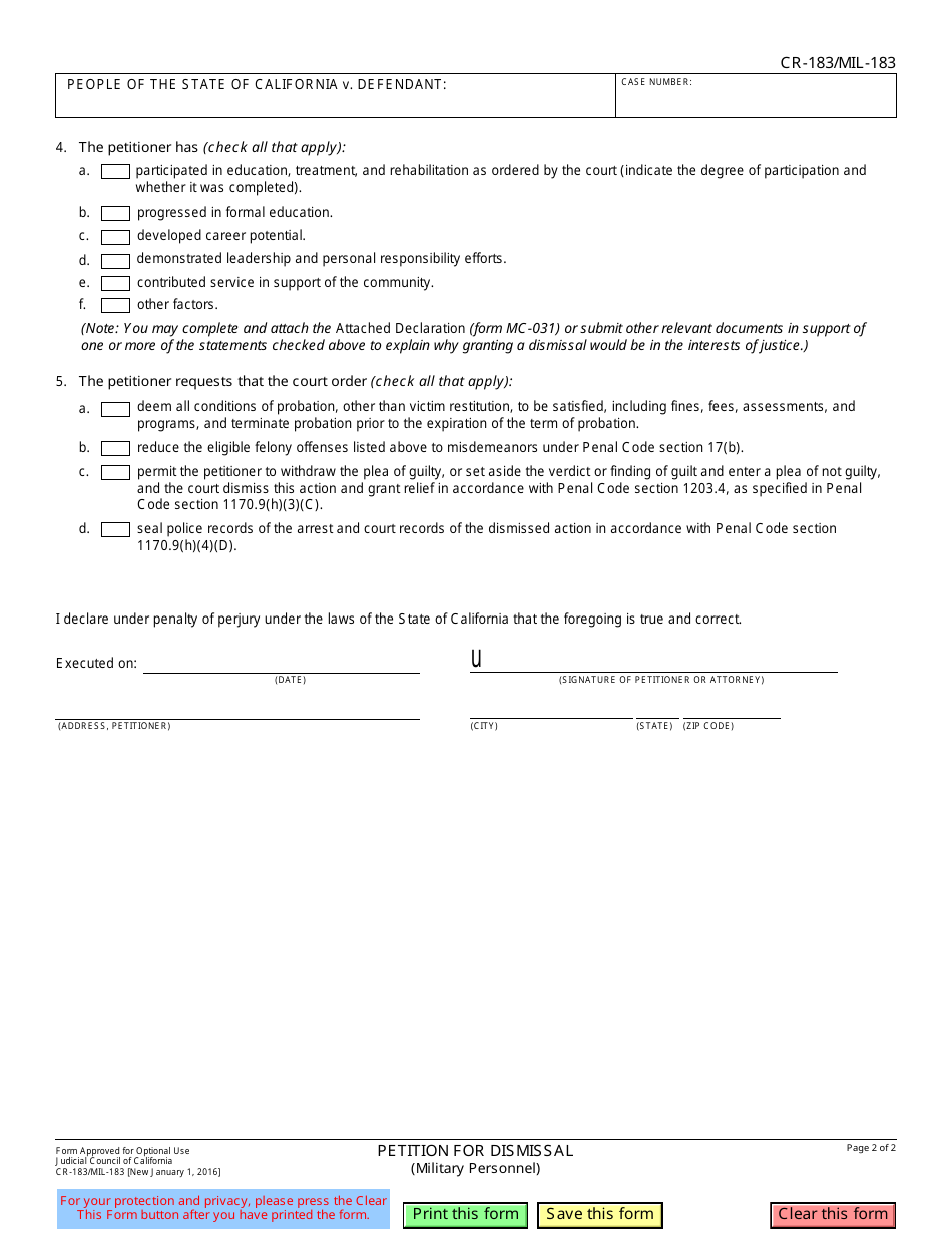 Form CR-183 (MIL-183) Petition for Dismissal (Military Personnel) - California, Page 2