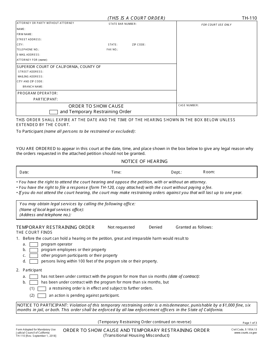 Form TH-110 Order to Show Cause and Temporary Restraining Order - California, Page 1