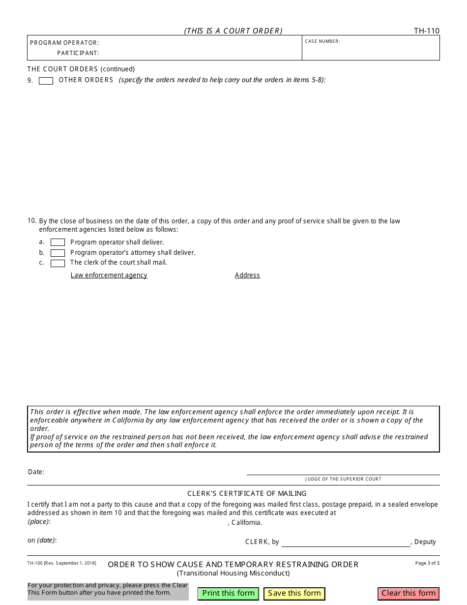 Form TH-110 Order to Show Cause and Temporary Restraining Order - California, Page 3