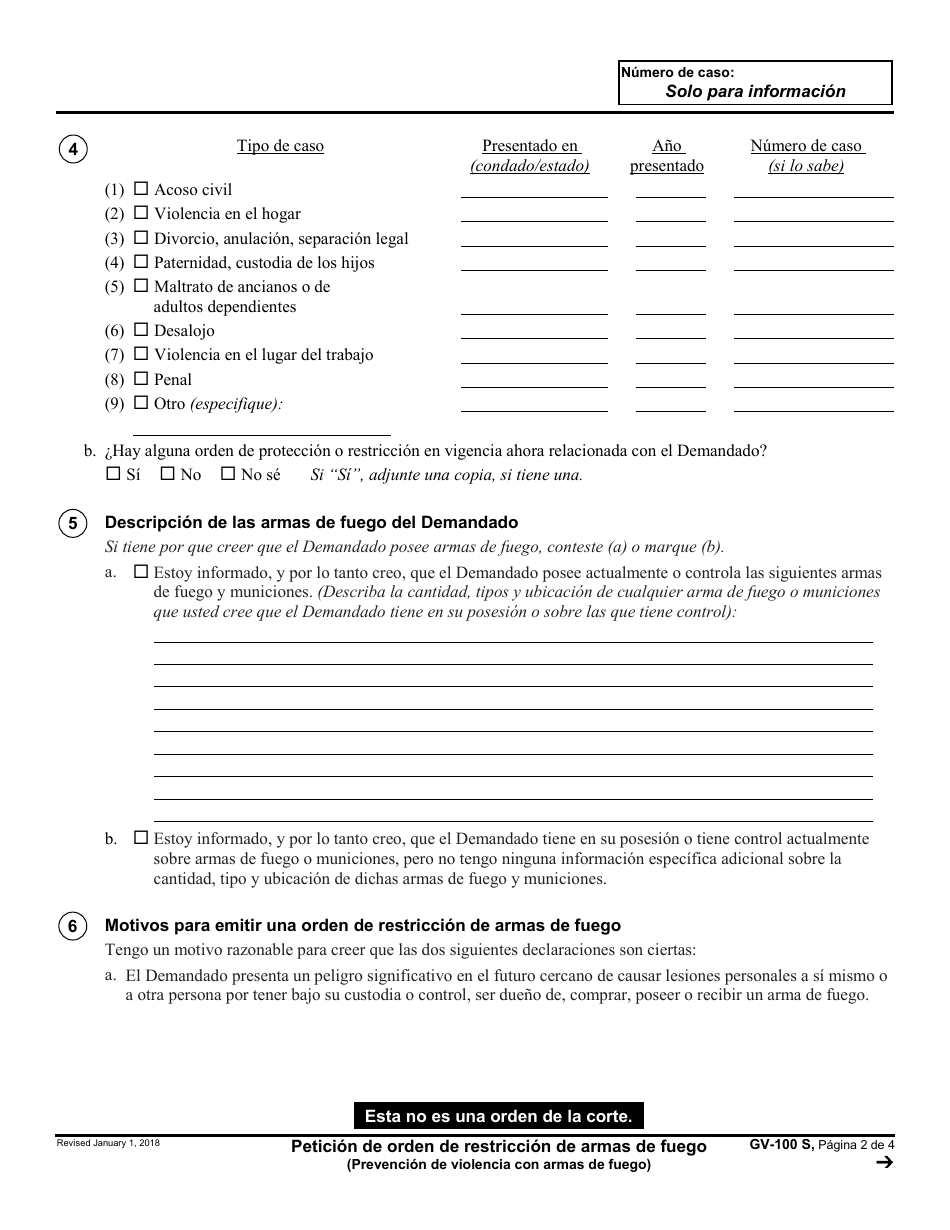 Formulario GV-100 S Peticion De Orden De Restriccion De Armas De Fuego - California (Spanish), Page 2
