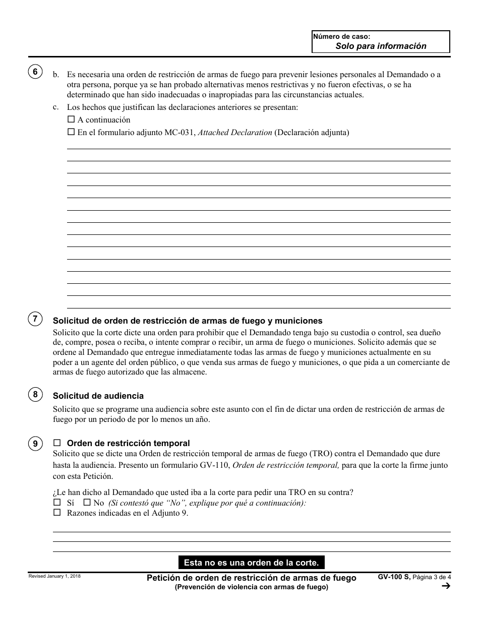 Formulario GV-100 S Peticion De Orden De Restriccion De Armas De Fuego - California (Spanish), Page 3