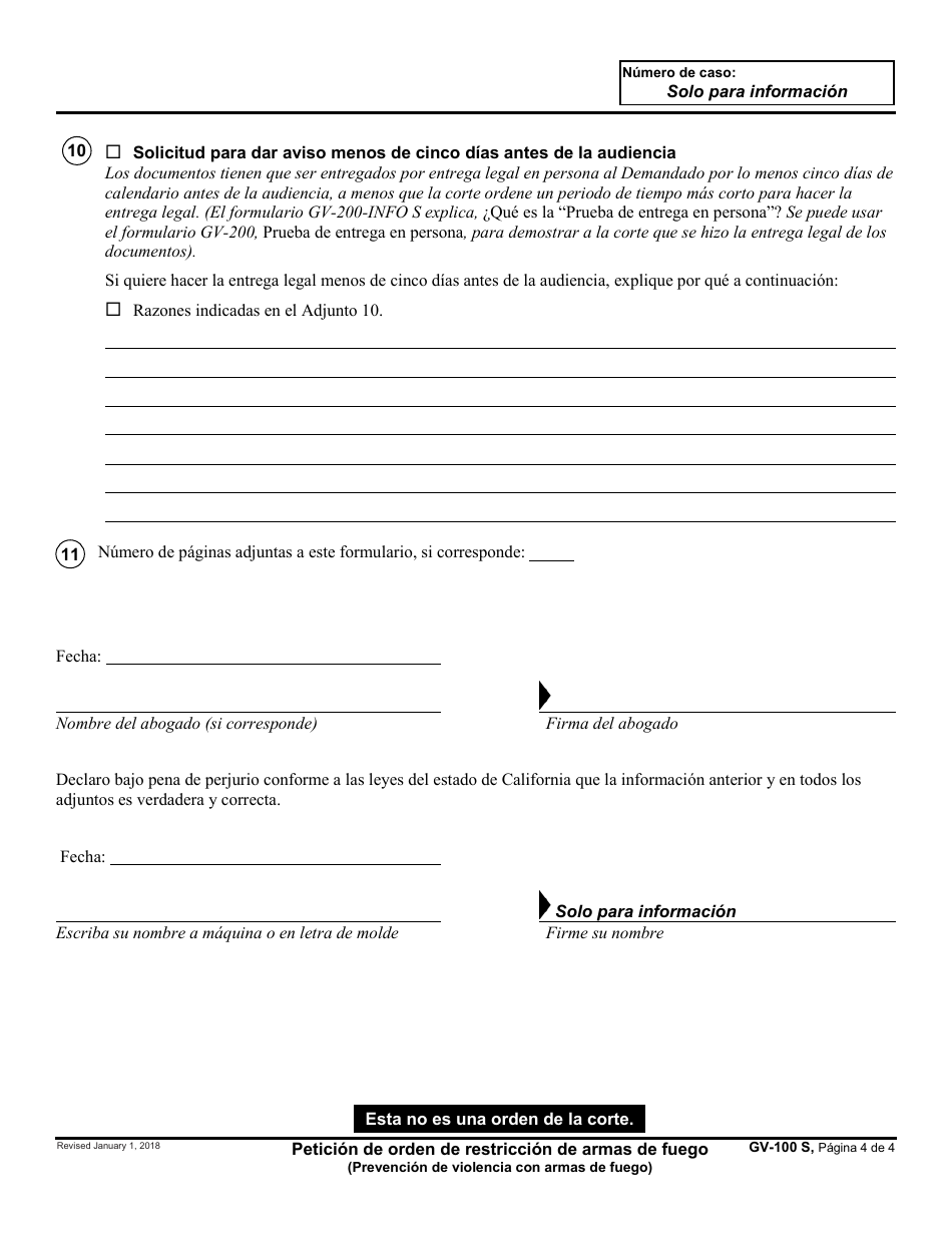 Formulario GV-100 S Peticion De Orden De Restriccion De Armas De Fuego - California (Spanish), Page 4