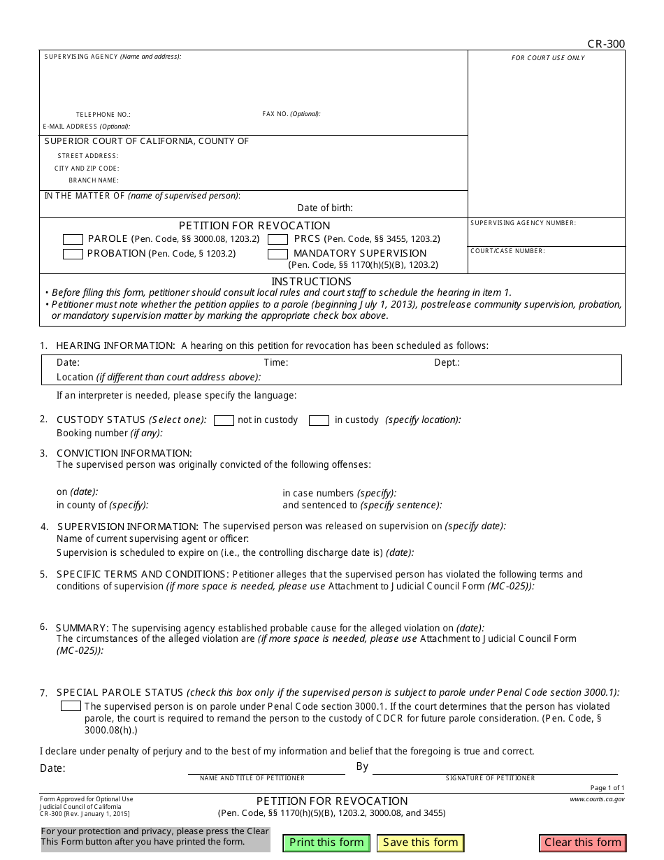 Form CR-300 Petition for Revocation - California, Page 1