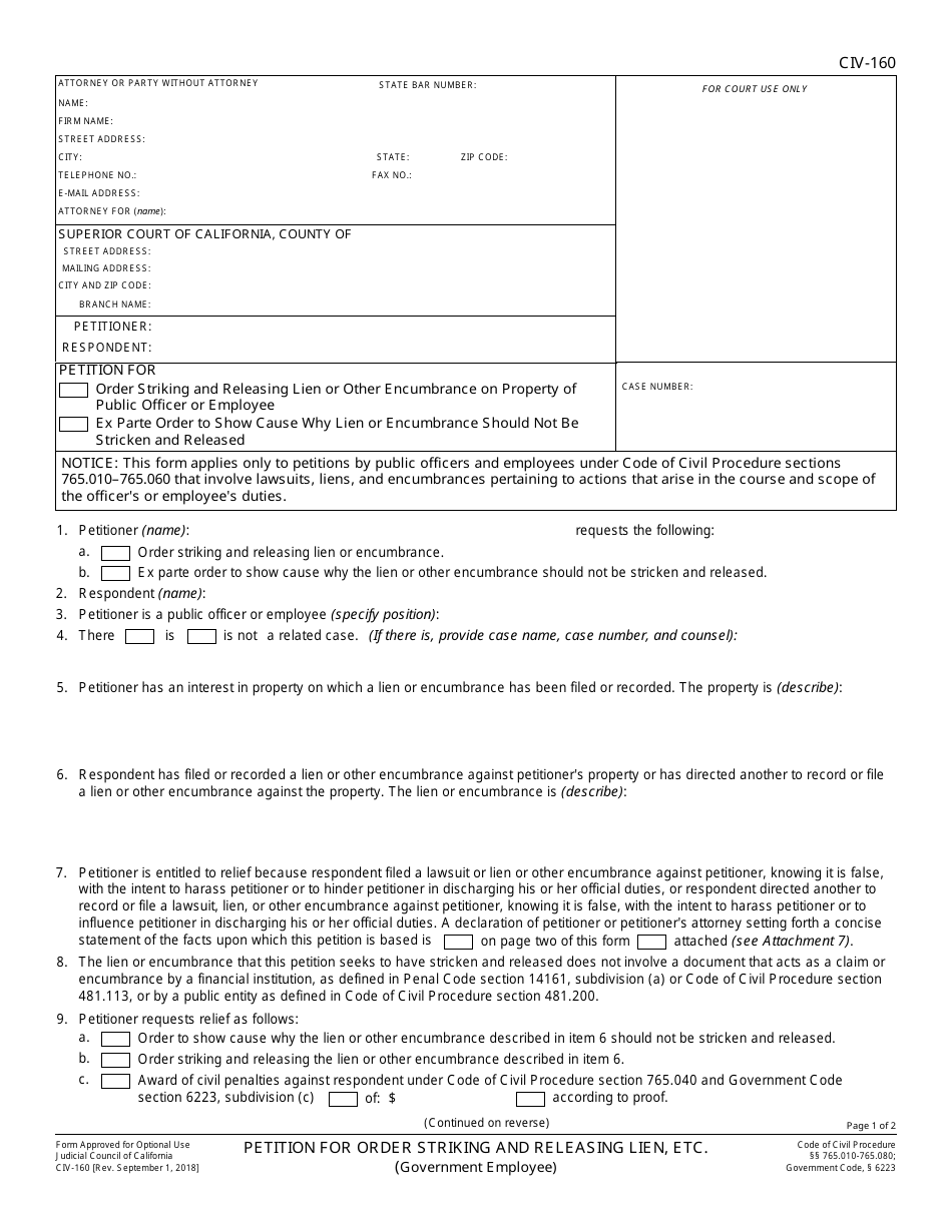 Form CIV-160 Petition for Order Striking and Releasing Lien, Etc. (Government Employee) - California, Page 1