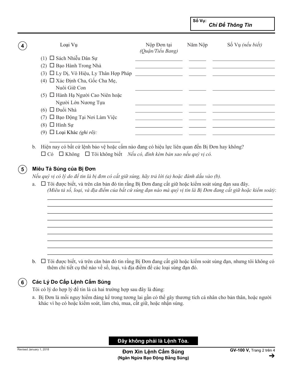 Form GV-100 V Petition for Firearms Restraining Order - California (Vietnamese), Page 2