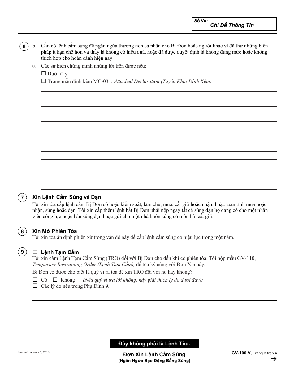 Form GV-100 V Petition for Firearms Restraining Order - California (Vietnamese), Page 3