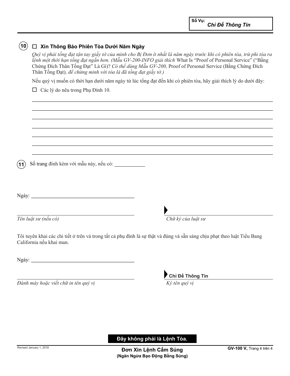 Form GV-100 V Petition for Firearms Restraining Order - California (Vietnamese), Page 4