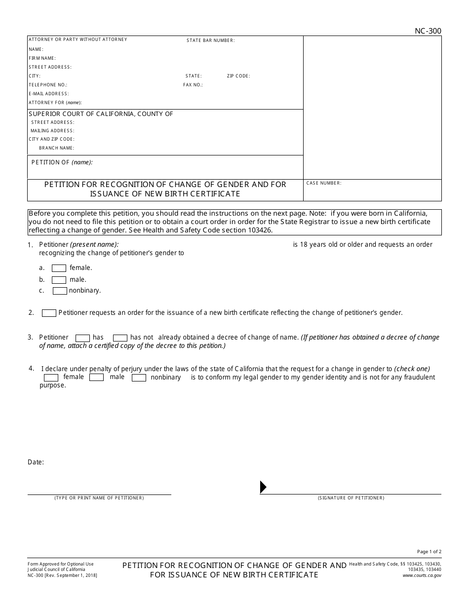 Form NC-300 Petition for Recognition of Change of Gender and for Issuance of New Birth Certificate - California, Page 1