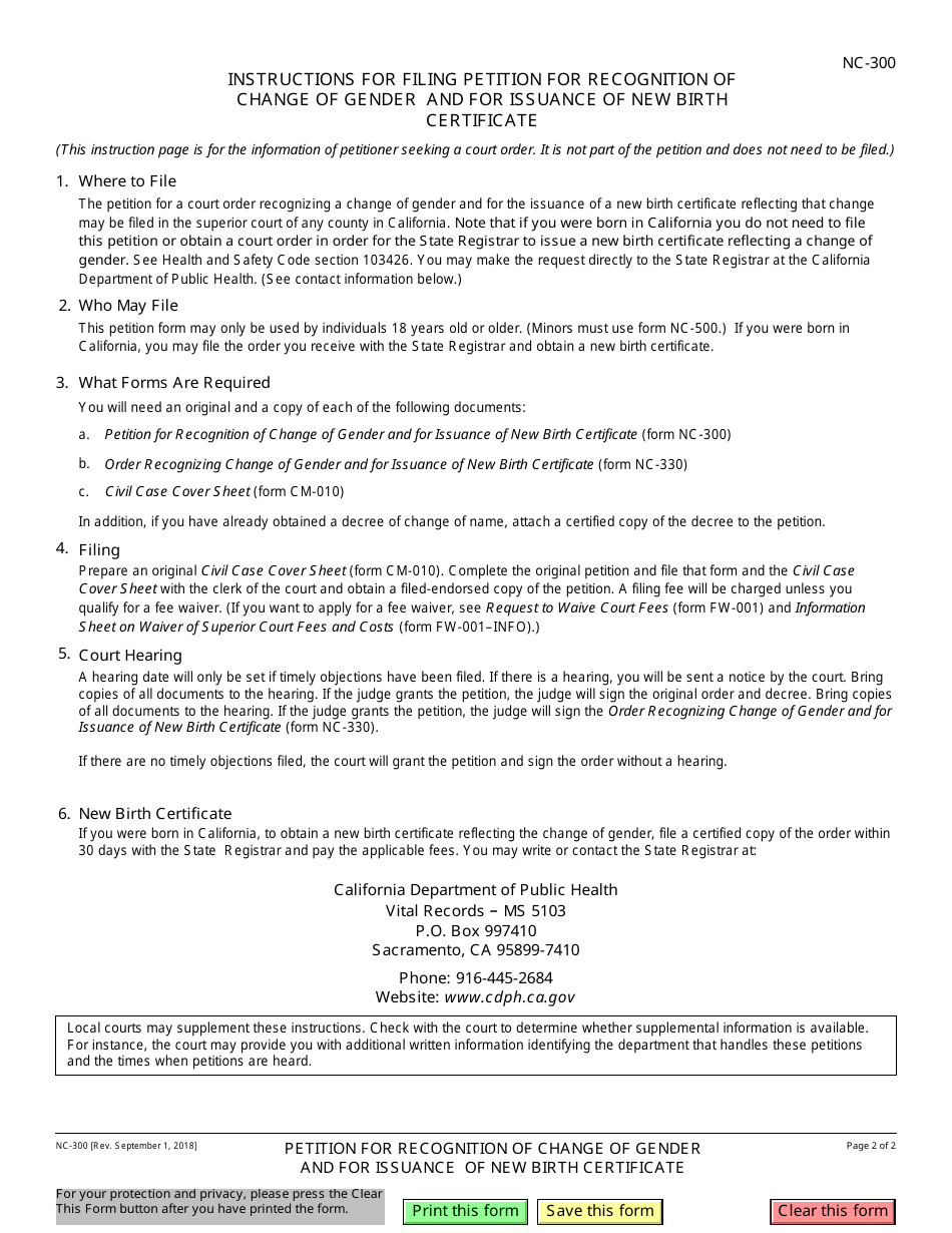 Form NC-300 Petition for Recognition of Change of Gender and for Issuance of New Birth Certificate - California, Page 2
