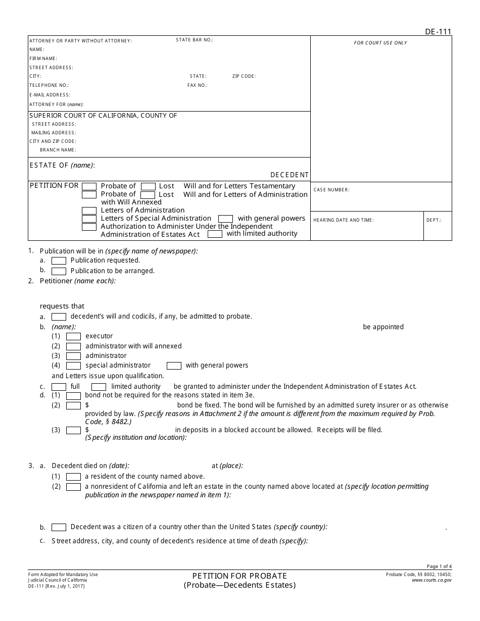 Form DE-111 Petition for Probate - California, Page 1