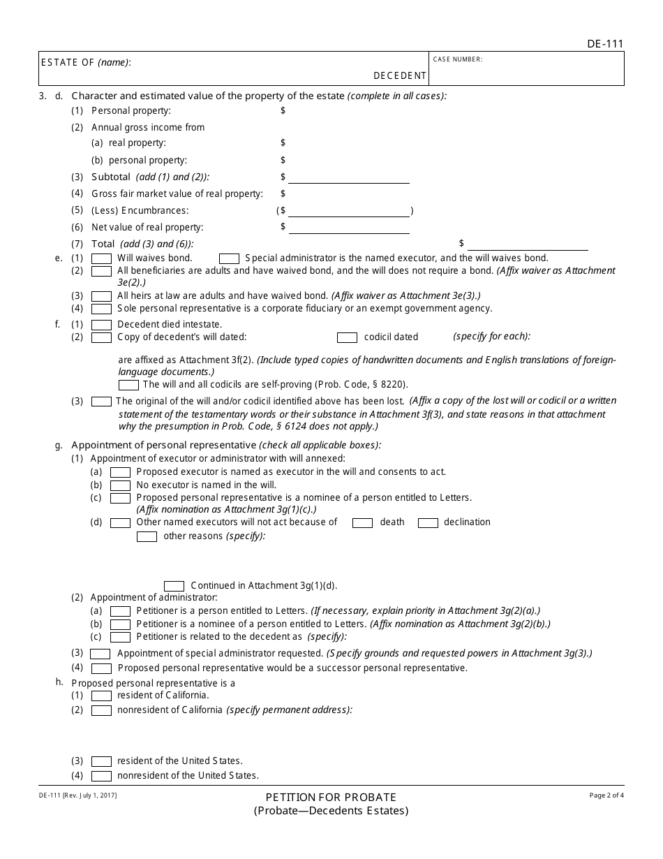 Form DE-111 Petition for Probate - California, Page 2