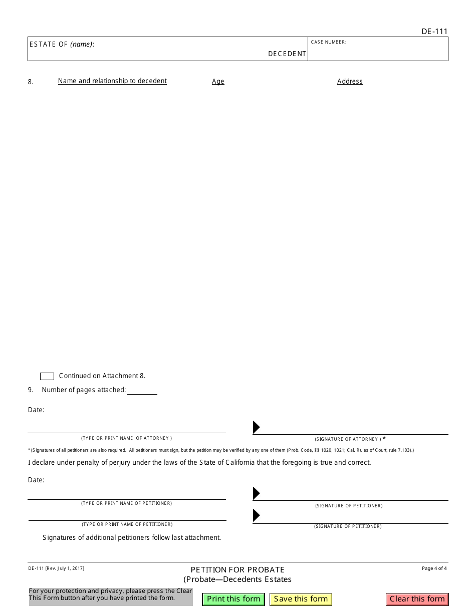 Form DE-111 Petition for Probate - California, Page 4
