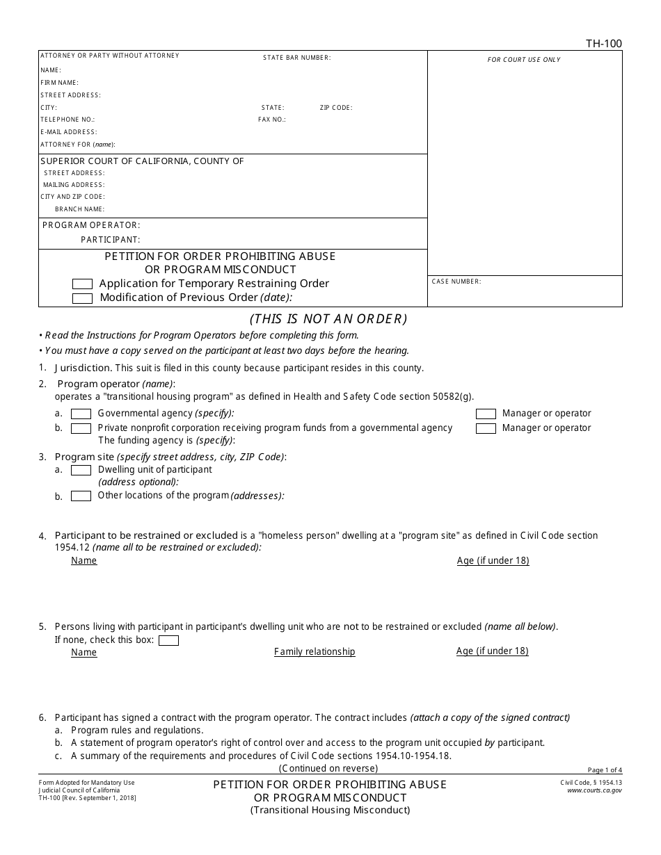 Form TH-100 Petition for Order Prohibiting Abuse or Program Misconduct - California, Page 1
