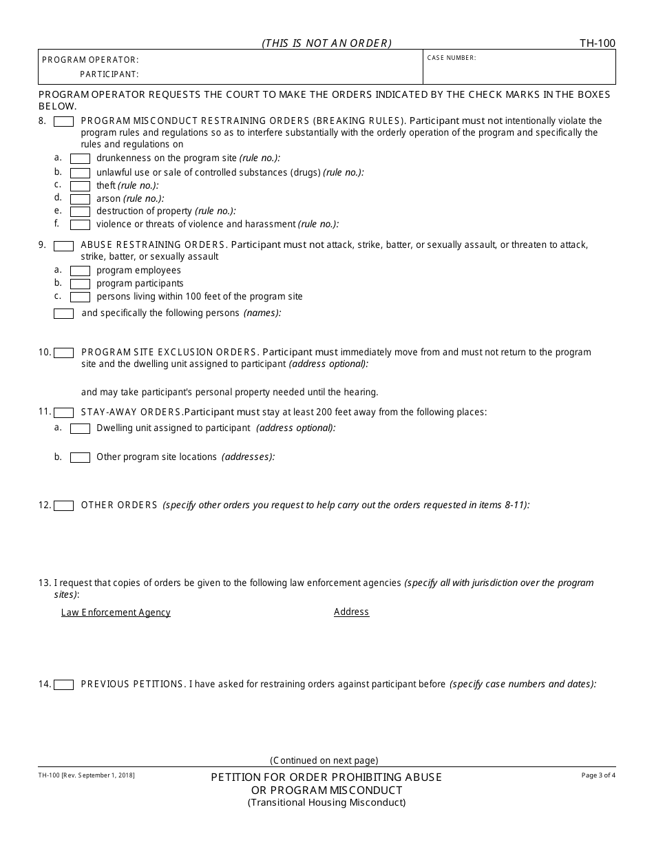 Form TH-100 Petition for Order Prohibiting Abuse or Program Misconduct - California, Page 3