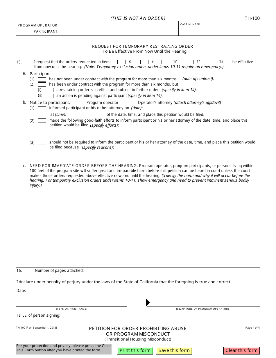 Form TH-100 Petition for Order Prohibiting Abuse or Program Misconduct - California, Page 4