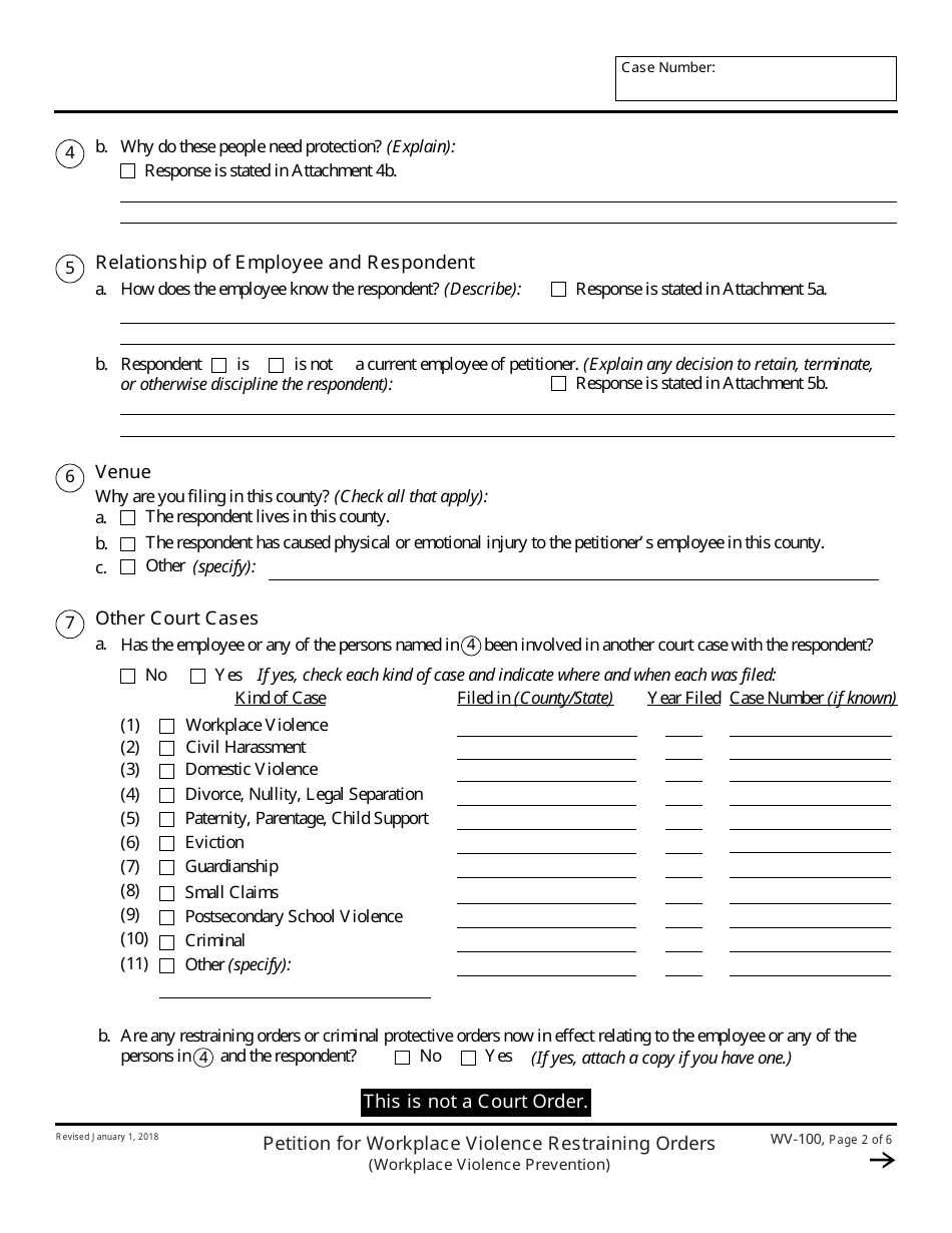 Form WV-100 Petition for Workplace Violence Restraining Orders - California, Page 2