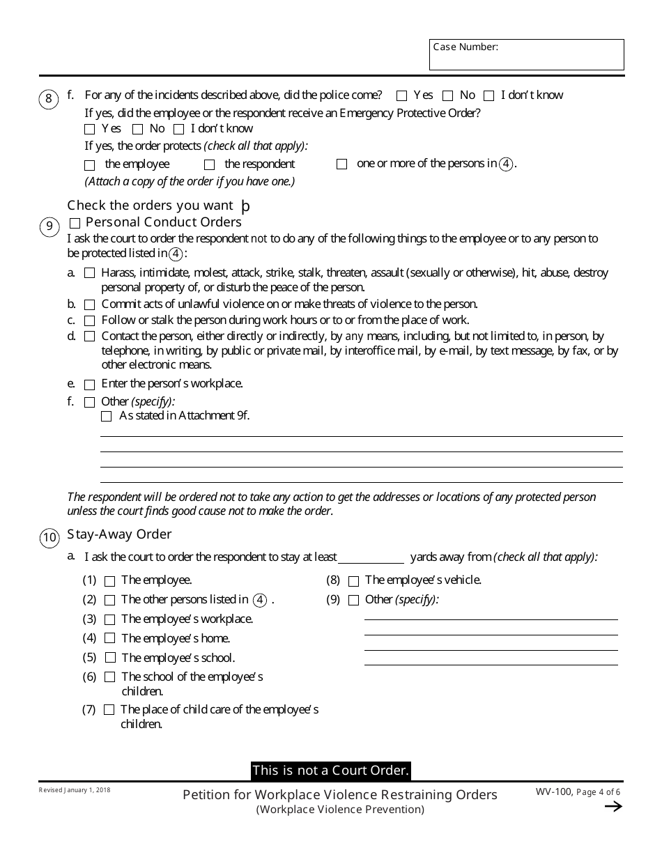 Form WV-100 Petition for Workplace Violence Restraining Orders - California, Page 4
