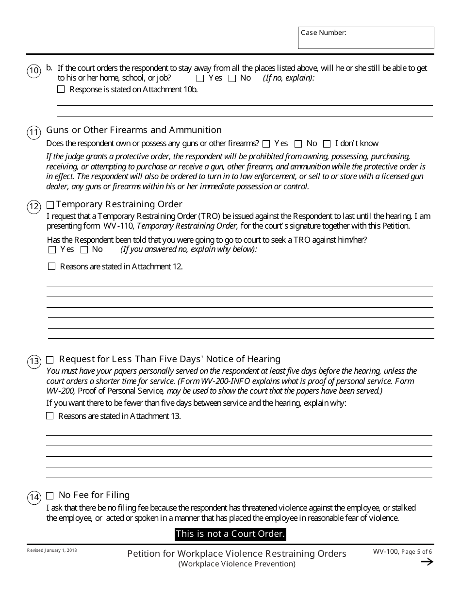 Form WV-100 Petition for Workplace Violence Restraining Orders - California, Page 5