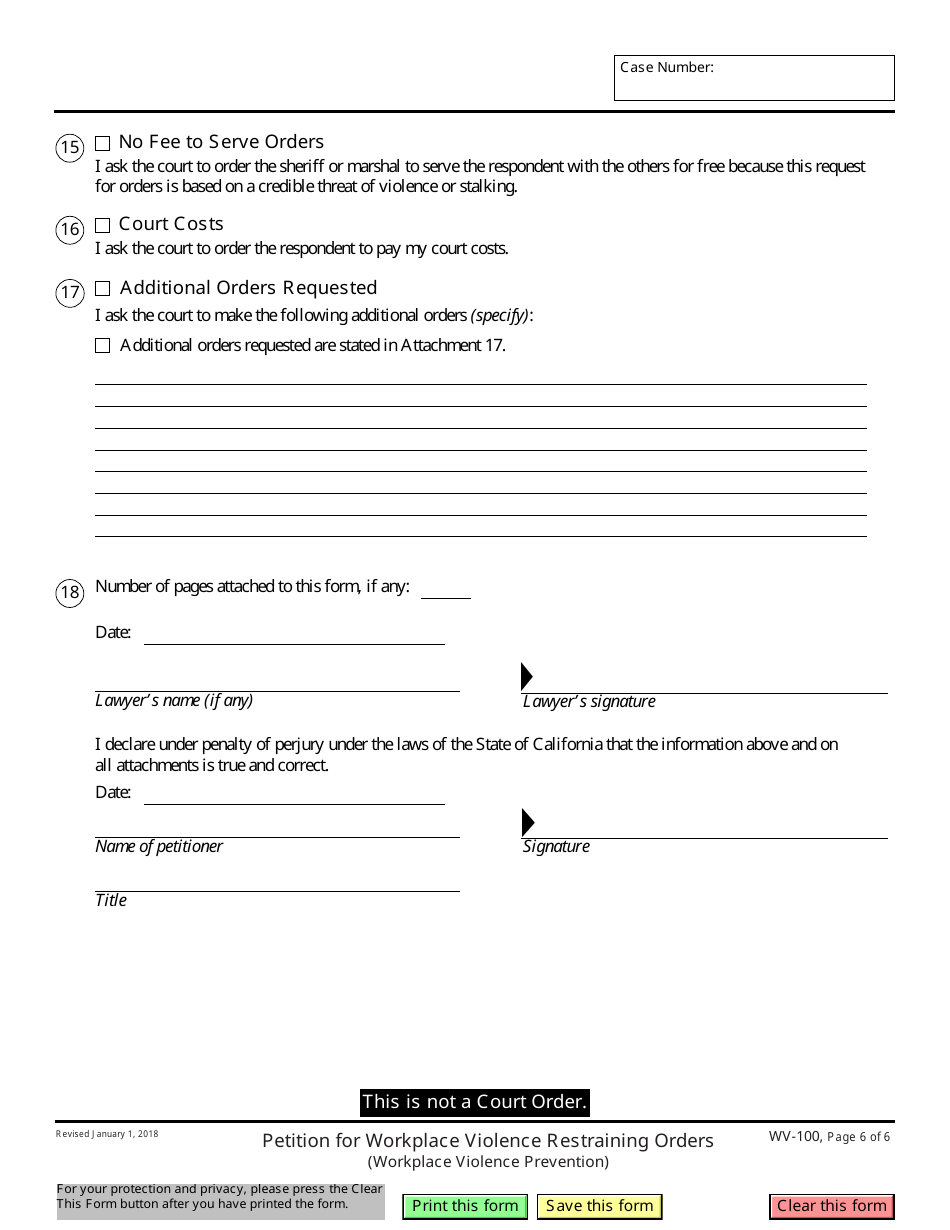 Form WV-100 Petition for Workplace Violence Restraining Orders - California, Page 6