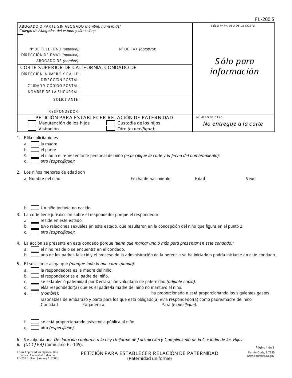 Formulario FL-200 S Peticion Para Establecer Relacion De Paternidad - California (Spanish), Page 1