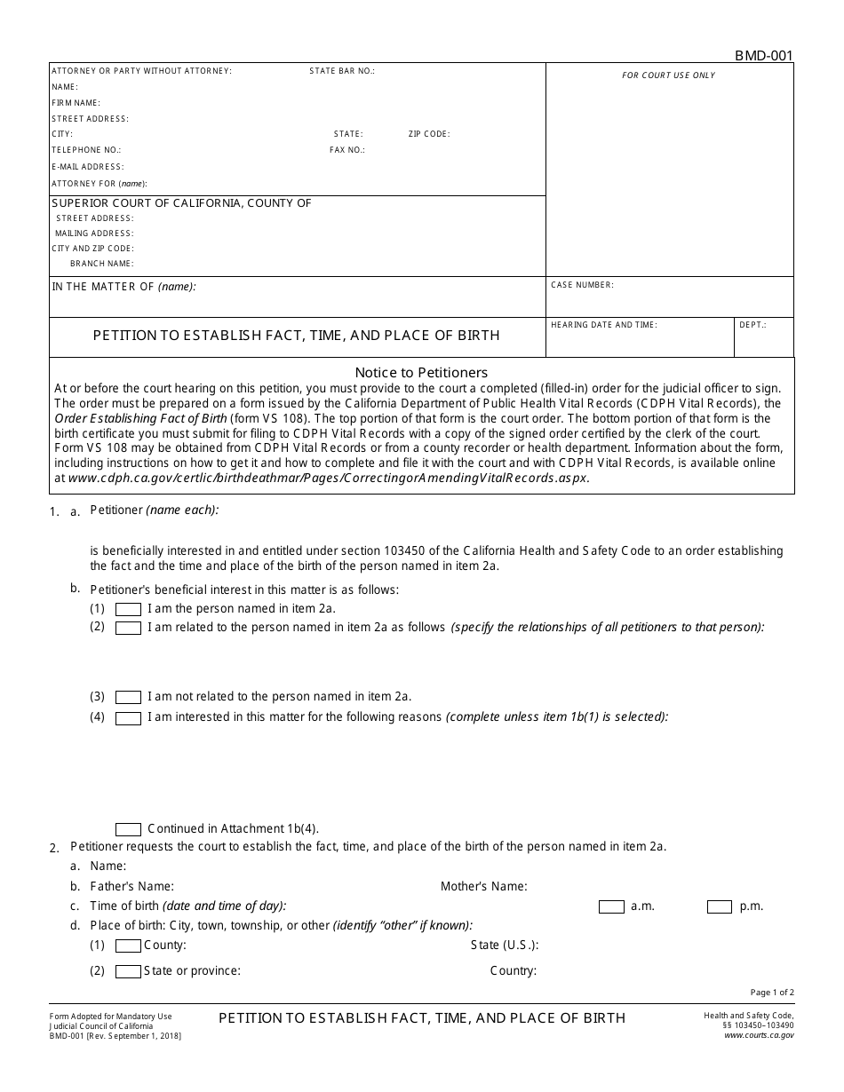 Form BMD-001 Petition to Establish Fact, Time, and Place of Birth - California, Page 1