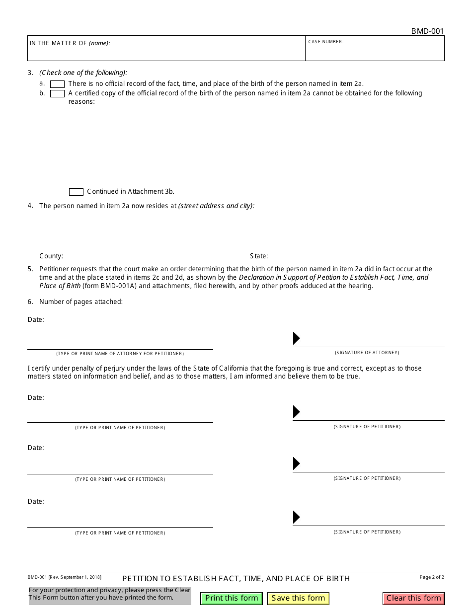 Form BMD-001 Petition to Establish Fact, Time, and Place of Birth - California, Page 2