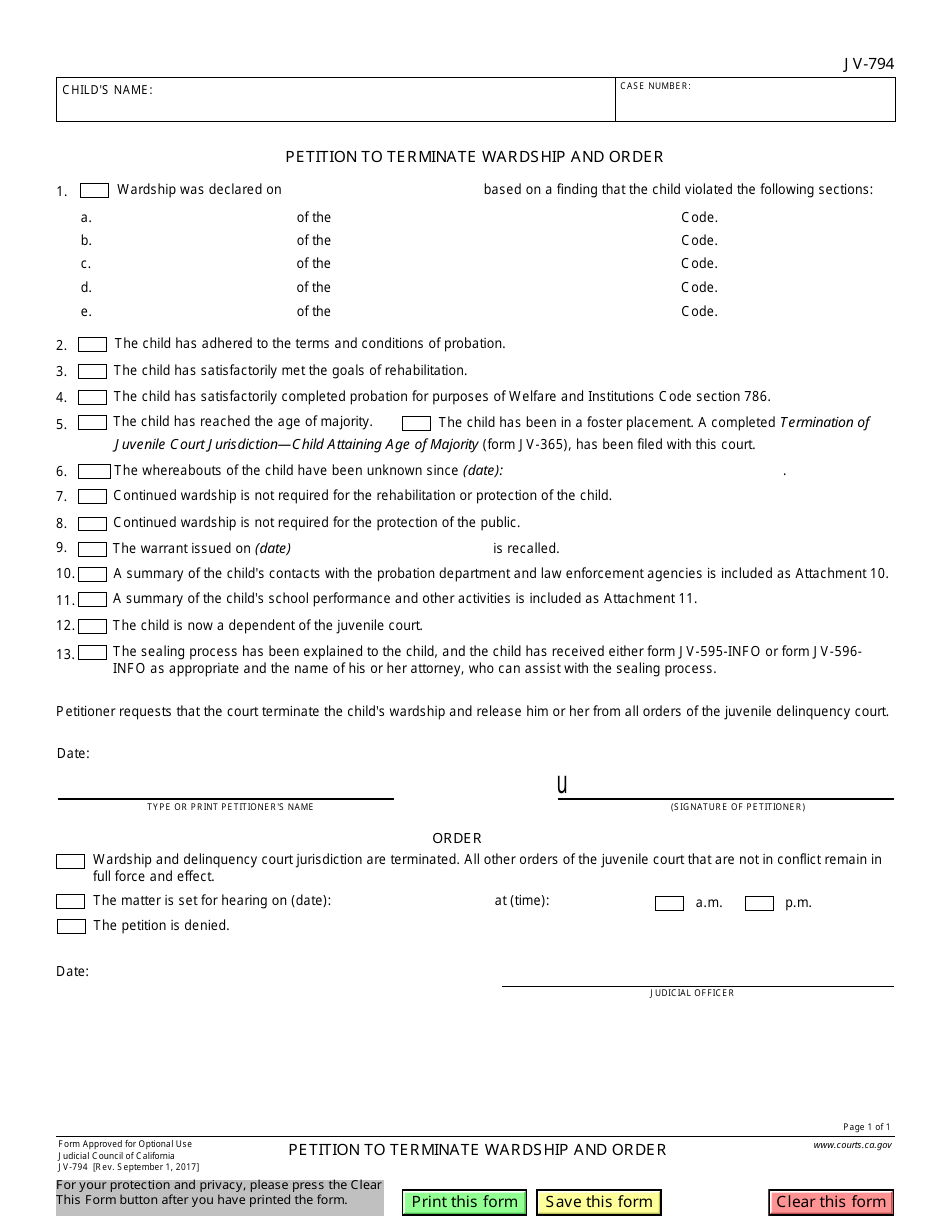 Form JV-794 Petition to Terminate Wardship and Order - California, Page 1