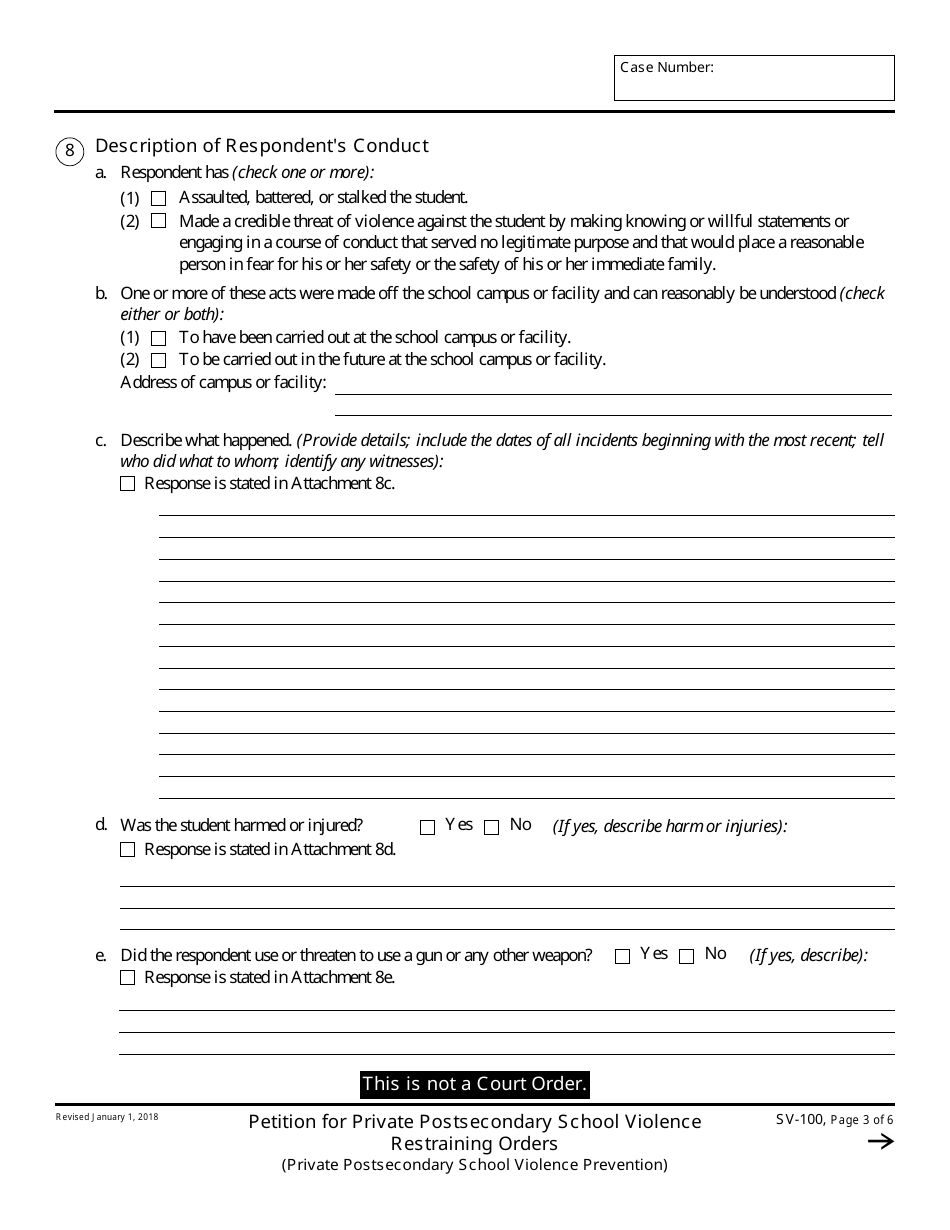 Form SV-100 Petition for Private Postsecondary School Violence Restraining Orders - California, Page 3