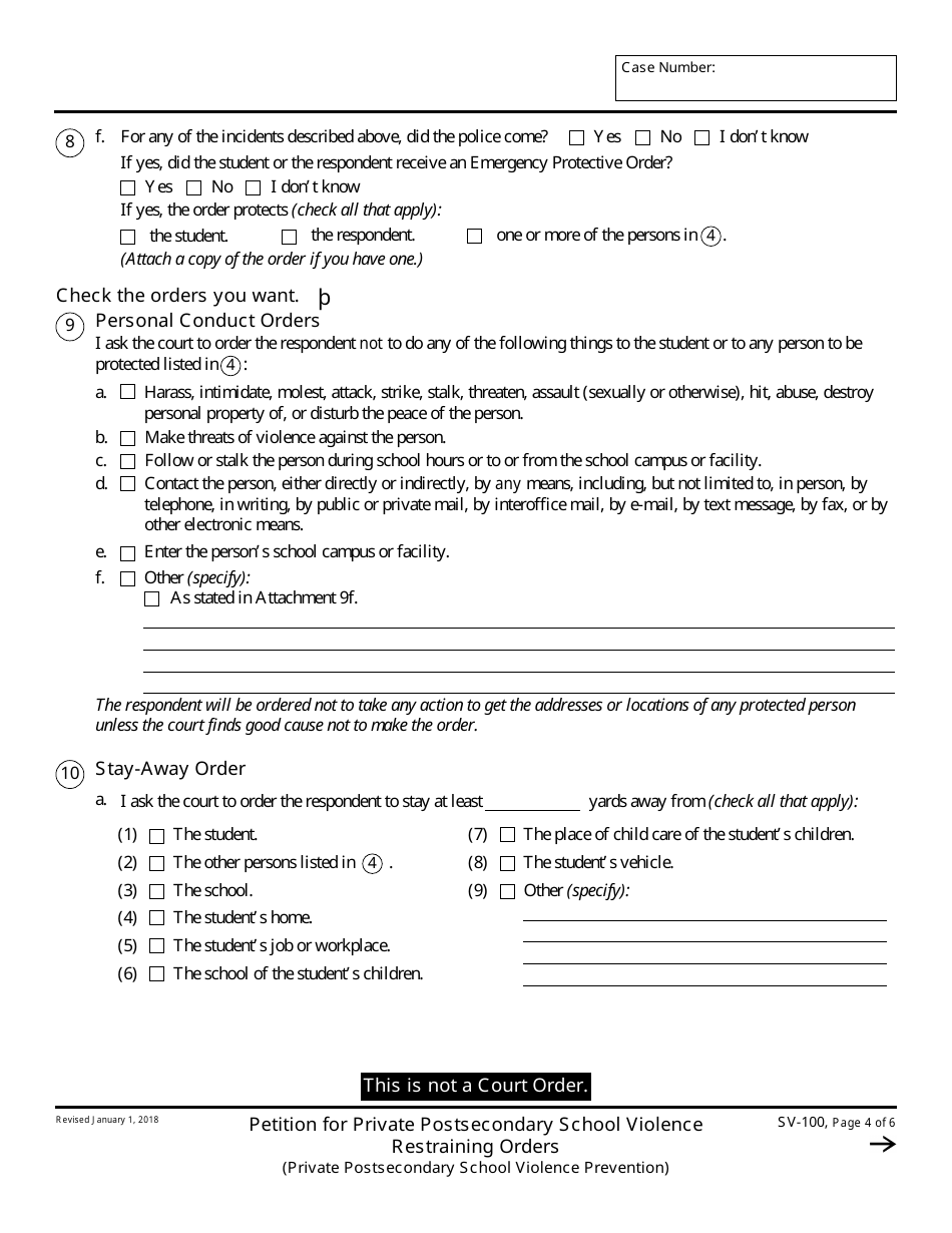 Form SV-100 Petition for Private Postsecondary School Violence Restraining Orders - California, Page 4