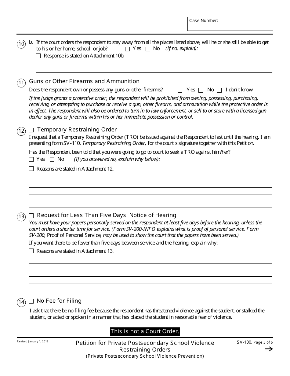 Form SV-100 Petition for Private Postsecondary School Violence Restraining Orders - California, Page 5