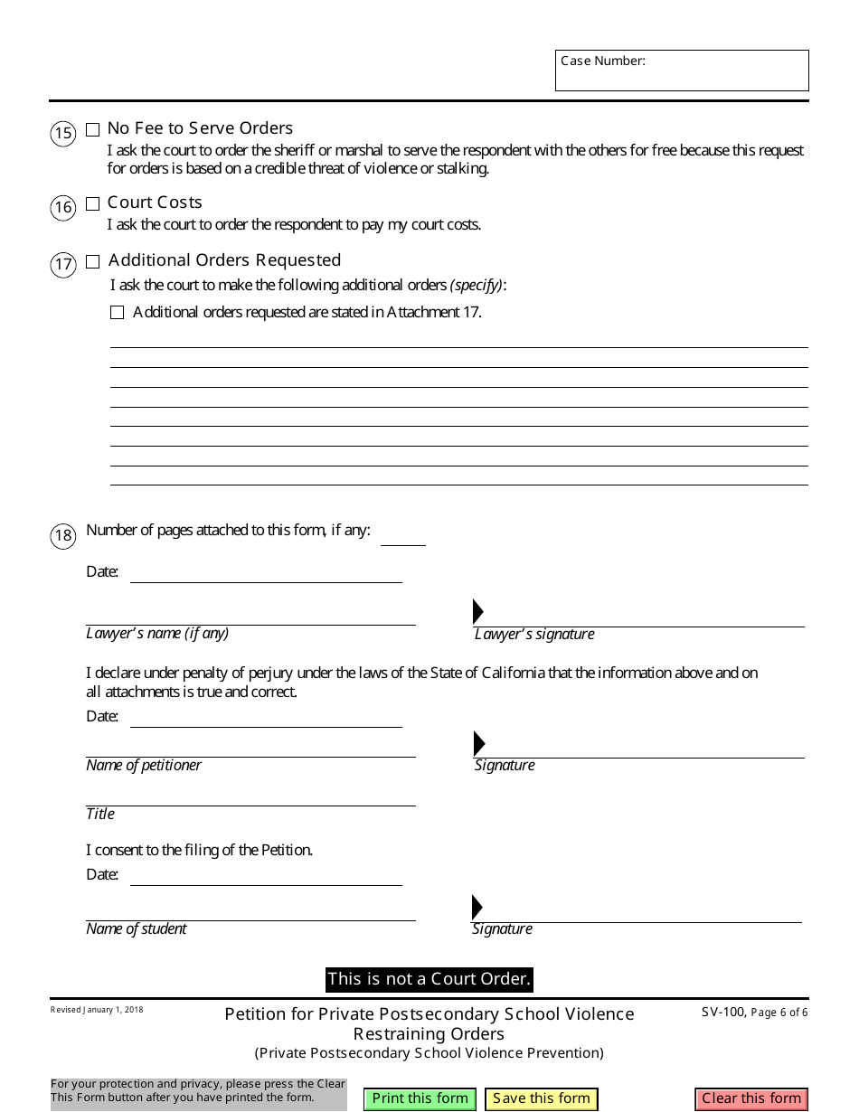 Form SV-100 Petition for Private Postsecondary School Violence Restraining Orders - California, Page 6