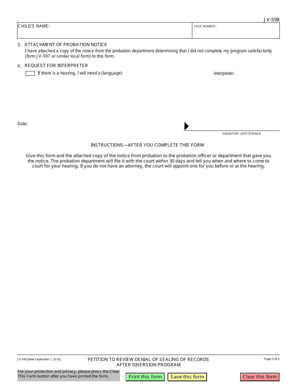 Form JV-598 Petition to Review Denial of Sealing of Records After Diversion Program - California, Page 2