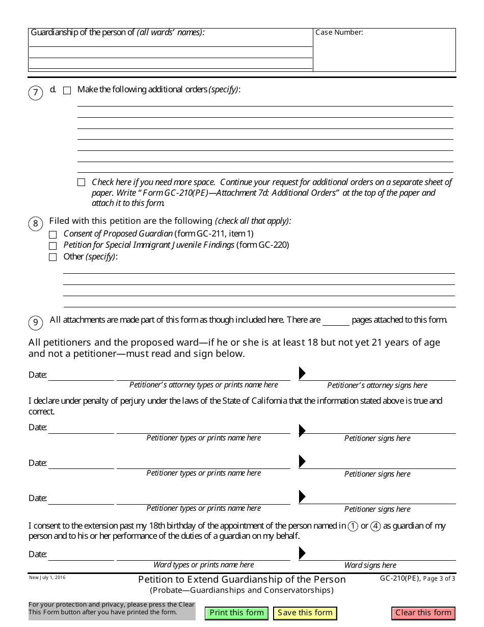 Form GC-210(PE) Petition to Extend Guardianship of the Person - California, Page 3
