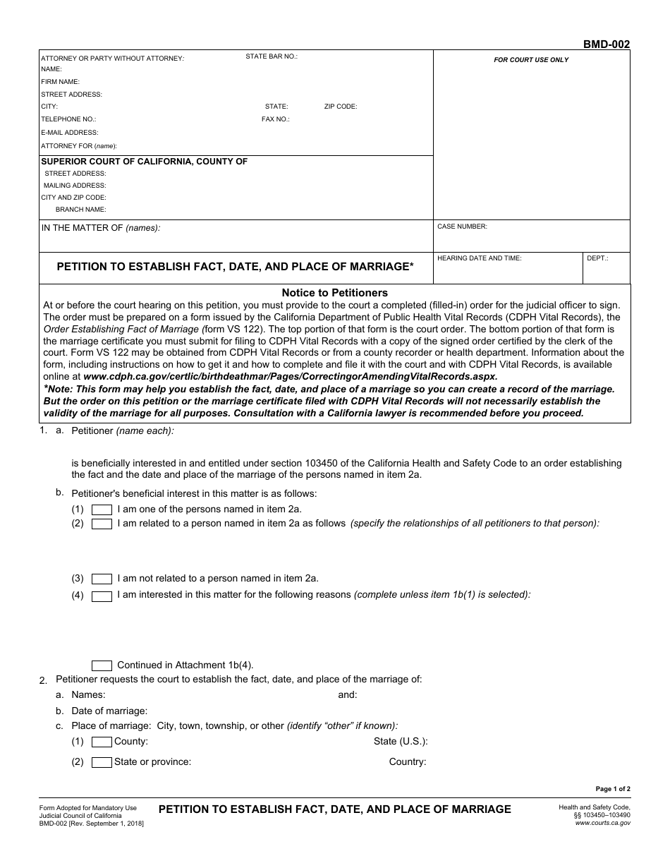 Form BMD-002 Petition to Establish Fact, Time, and Place of Marriage - California, Page 1