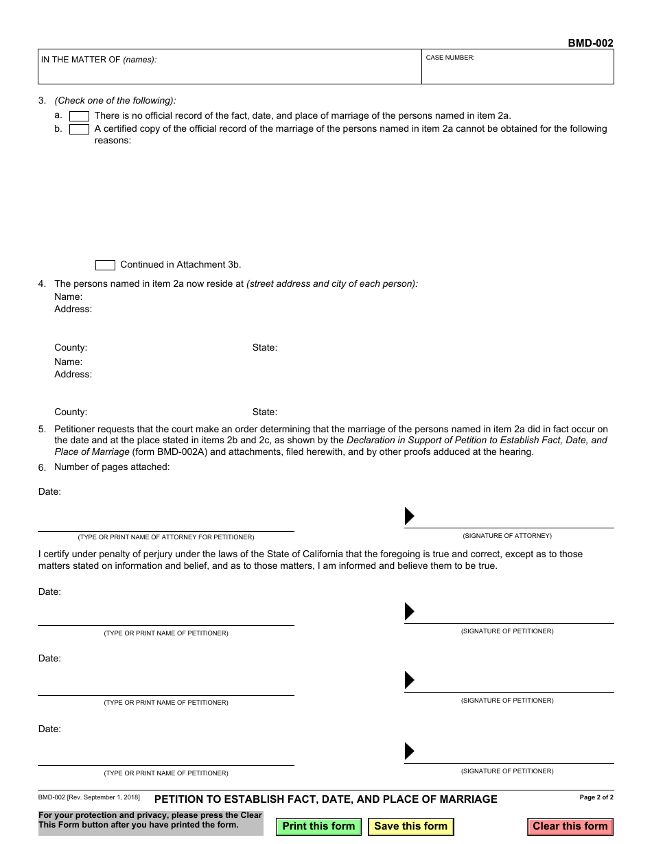 Form BMD-002 Petition to Establish Fact, Time, and Place of Marriage - California, Page 2