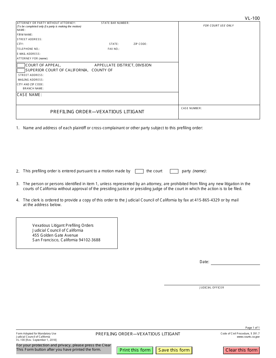 Form VL-100 Prefiling Order - Vexatious Litigant - California, Page 1