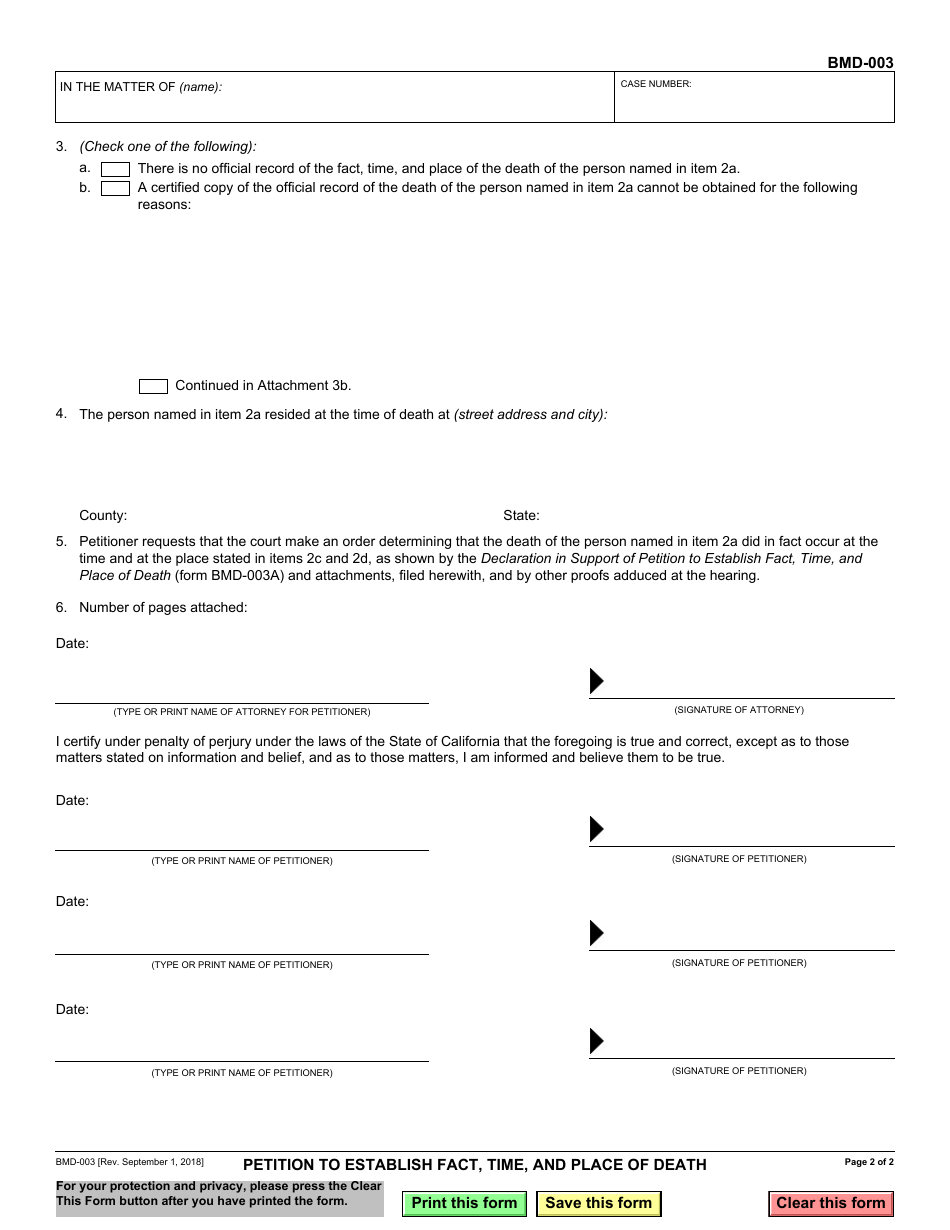 Form BMD-003 Petition to Establish Fact, Date, and Place of Death - California, Page 2