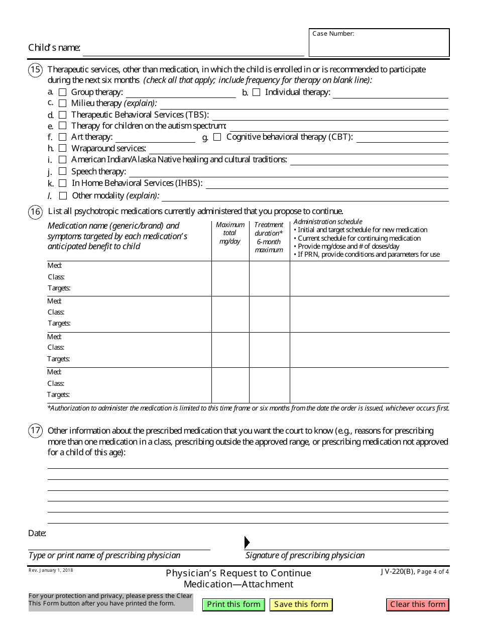 Form JV-220(B) Physicians Request to Continue Medication - Attachment - California, Page 4
