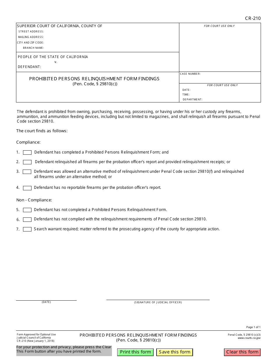 Form CR-210 Prohibited Persons Relinquishment Form Findings - California, Page 1