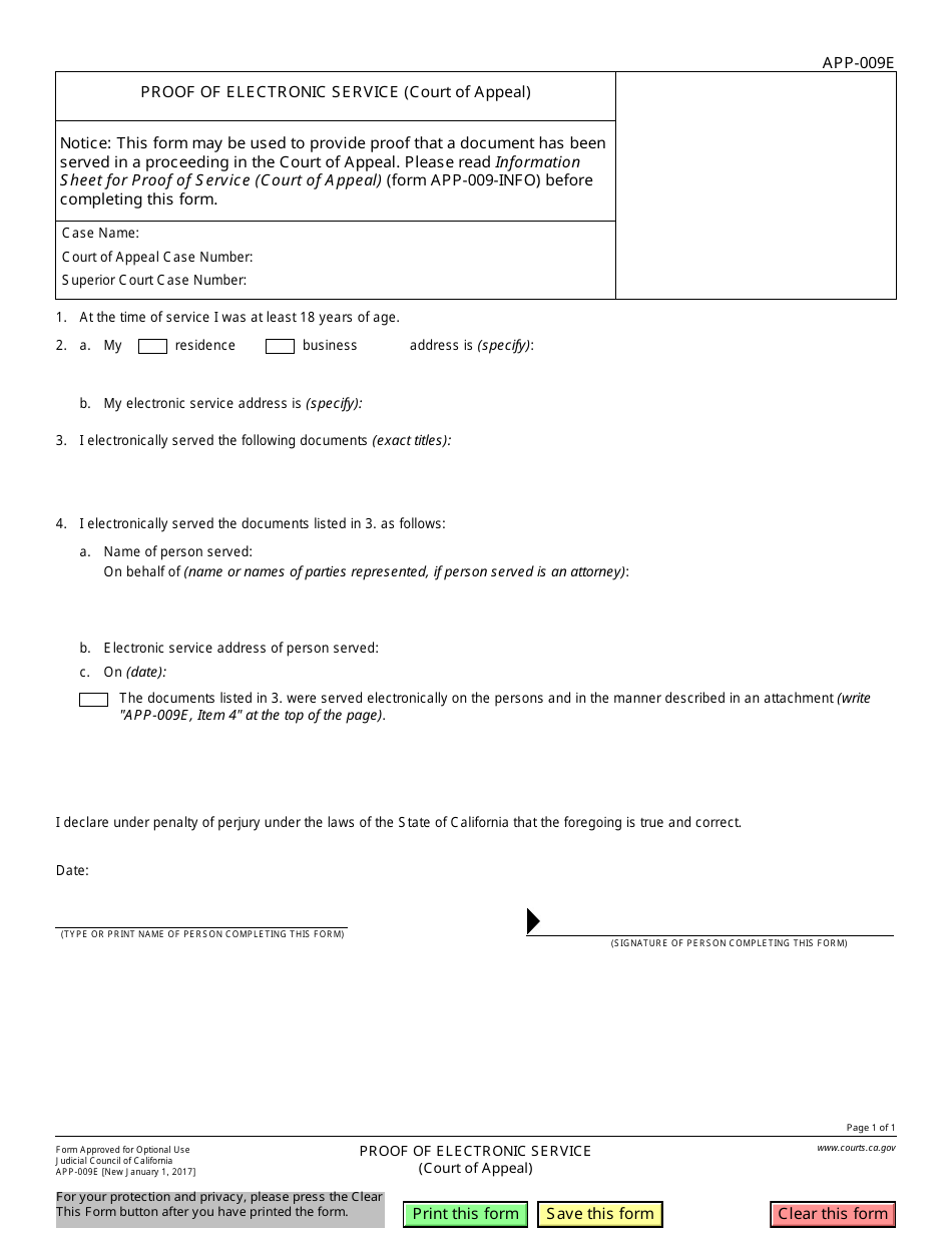 Form APP-009E Proof of Electronic Service - California, Page 1